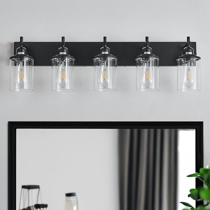 Lanhall 5-Light Black Bathroom Light Fixture Over Mirror Modern Farmhouse Bathroom Vanity Light Vintage Wall Lighting with Clear Glass Shade for Bathroom, Bedroom, Hallway, Cabinet