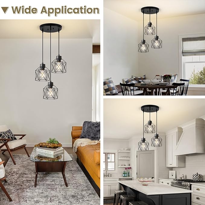 3-Light Pendant Light Fixtures, Farmhouse Hanging Pendant Lighting, Dining Room Chandelier, Industrial Kitchen Island Hanging Light Fixture, Black Metal Cage Pendant Ceiling Lamp for Kitchen