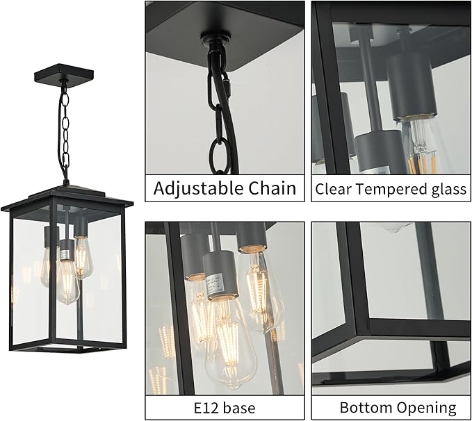 Outdoor Hanging Light Fixture 3-Light, Modern Black Metal Outside Chandelier Exterior Hanging Fixture Ceiling Mount with Clear Glass Shade for Front Porch Entrance Foyer Entryway(Bulbs not Included)
