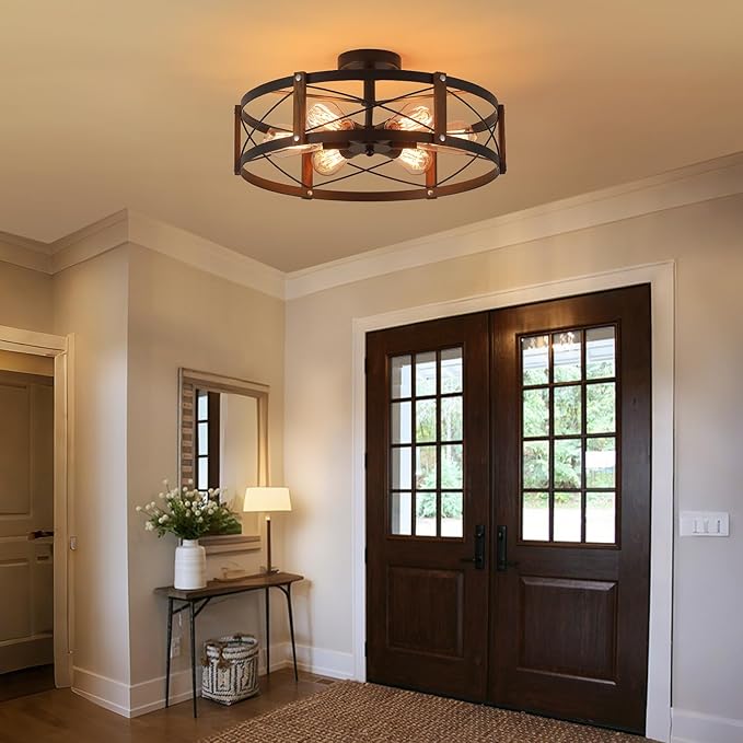 6-Light Large Rustic Farmhouse Wood Flush Mount Ceiling Light Fixture 20 inch Oak Wood and Metal Round Semi Flush Mount Ceiling Light for Hallway Entry Dining Farmhouse Bedroom Living Room, Black