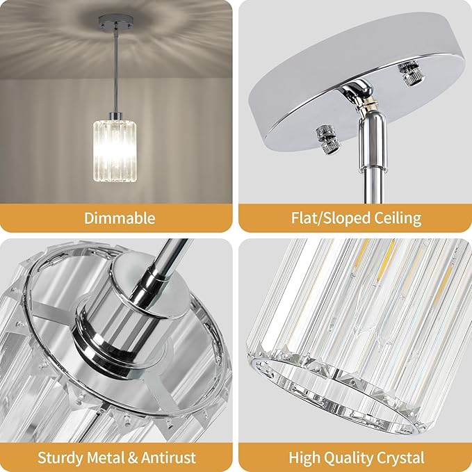 Chrome Crystal Pendant Lights Kitchen Island, Modern Kitchen Pendant Lighting Over Island Dining Room Light Fixtures Adjustable Hanging Pendant Light for Bathroom Hallway Entryway Bedroom Foyer
