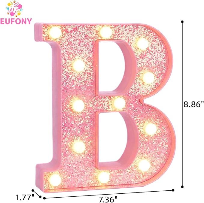 Pink Marquee Light Up Letters, Glitter Alphabet LED Letter Lights for Pink Birthday Party Decorations, Battery Operated Letter Sign for Girls Room Vanity Table Decor, Warm White Lights Letter B