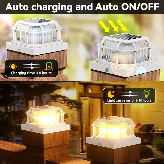 Solar Post Light 6 Packs with 4x4, 5x5 and 6x6 Inches Base for Vinyl/Wooden Posts, Bright 16 LEDs Solar Cap Lights with Two Light Modes for Decorating Deck, Patio, Porch, Fence (White)