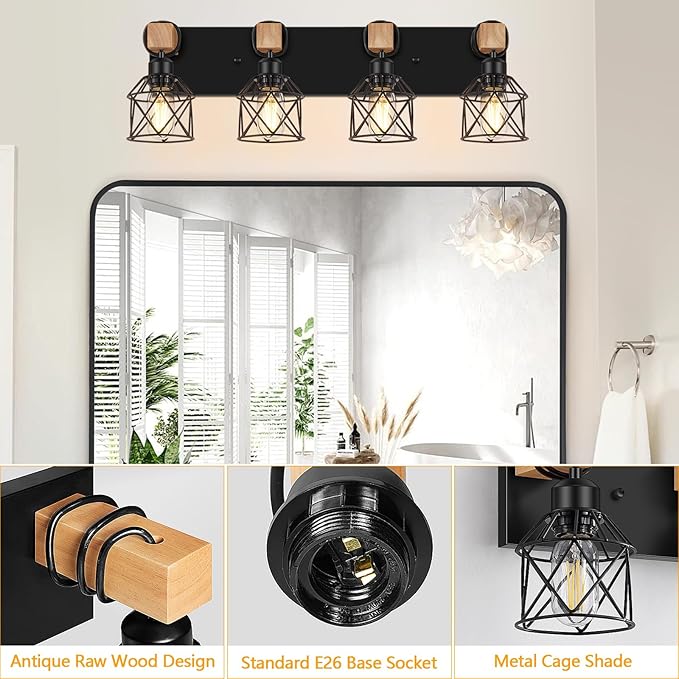 FadimiKoo 4-Light Rustic Style Wood Bathroom Vanity Light Fixtures, Black Bathroom Lighting with Cage Metal Shade, Farmhouse Wall Sconces for Hallway, Bedroom, Dressing Table
