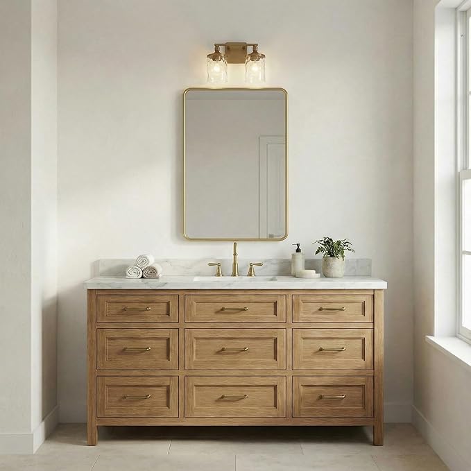 HomePlace Lighting 128821AD-451 Colton Mid-Century Clear Water Glass Bathroom Vanity Wall Light, 2-Light 200 Total Watts, 10" H x 13" W, Aged Brass