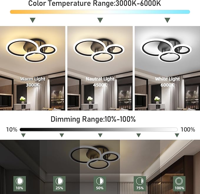 Acrylic Modern Led Ceiling Light 3 Rings Black Ceiling Light Fixture Dimmable Flush Mount Ceiling Light with Remote Control for Bedroom Dining Room Kitchen Office Lamp
