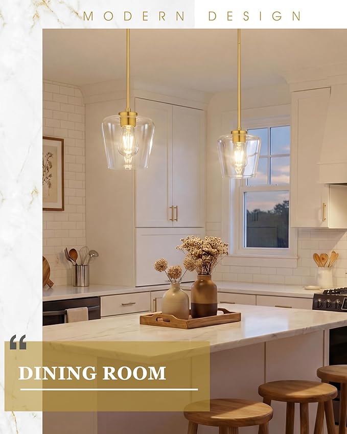 Pendant Lights Kitchen Island, 8" Brushed Gold Hanging Light Fixtures with Clear Glass Shade, Modern Kitchen Pendant Lighting Over Island for Dining Room, AD-22004-1PL-GD-C