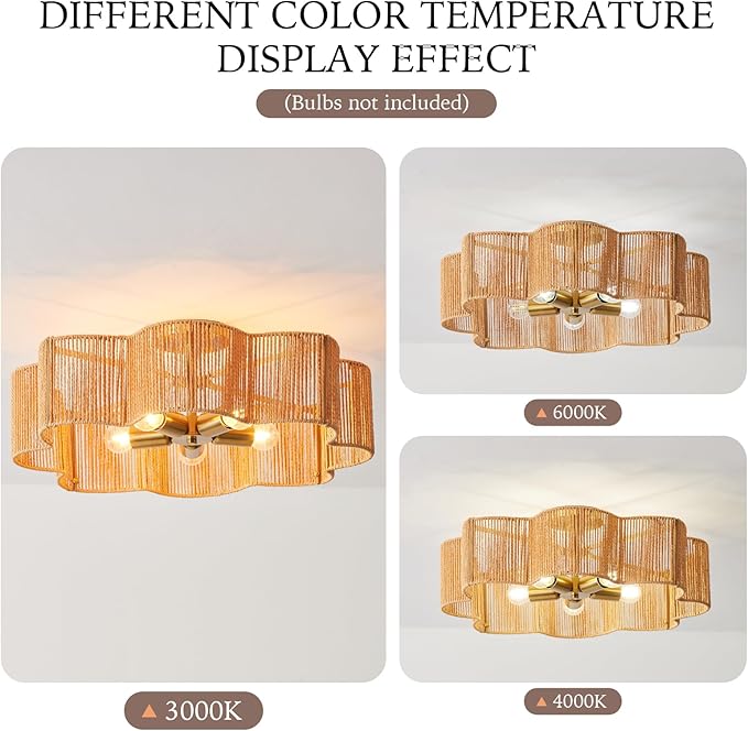 21” Rattan Light Fixtures Ceiling Light， Wicker Boho Chandelier with Hand Woven Brushed Brass Finish Flower Shade for Kids Room Bedroom Laundry Room Cloak Room 5-Light