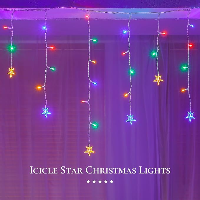 oopswow 200 LED Icicle Christmas Lights with Star,16.5FT Curtain Fairy Lights 40 Drops 8 Modes with Timer, Star Christmas Lights for Backdrop,Wedding,Patio,Christmas Decorations,Multicolor