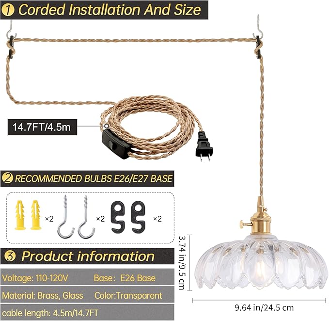 Shenmoyl Plug in Pendant Light Hanging Light Fixtures with Plugin Cord On/Off Switch,Clear Scindapsus Glass Lampshade Brass Pendant Light
