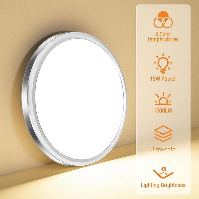 slochi LED Flush Mount Ceiling Light Fixture, 3000K-4000K-6500K & 100W Equivalent Modern Kitchen Recessed Ceiling Lamp 24W 3200Lm 12 Inch Closet Round Surface for Bathroom Laundry-Brushed Nickel