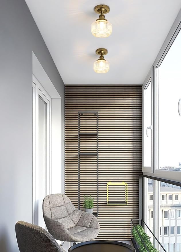 Industrial Semi Flush Mount Ceiling Light, Clear Striped Glass Lampshade Farmhouse Pendant Fixture, Close to Ceiling Light Fixture for Porch, Hallway, Entryway, Kitchen, Bedroom, Hotel
