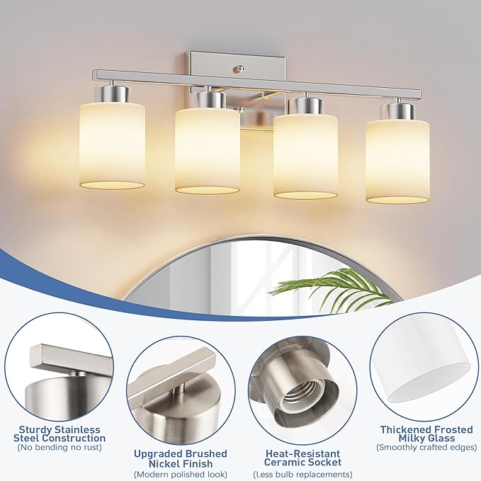 PARTPHONER 4-Light Brushed Nickel Bathroom Light Fixtures, Modern Vanity Light Over Mirror Lighting, Wall Sconce with Frosted Milky White Glass Shades for Bedroom Living Room Kitchen Hallway
