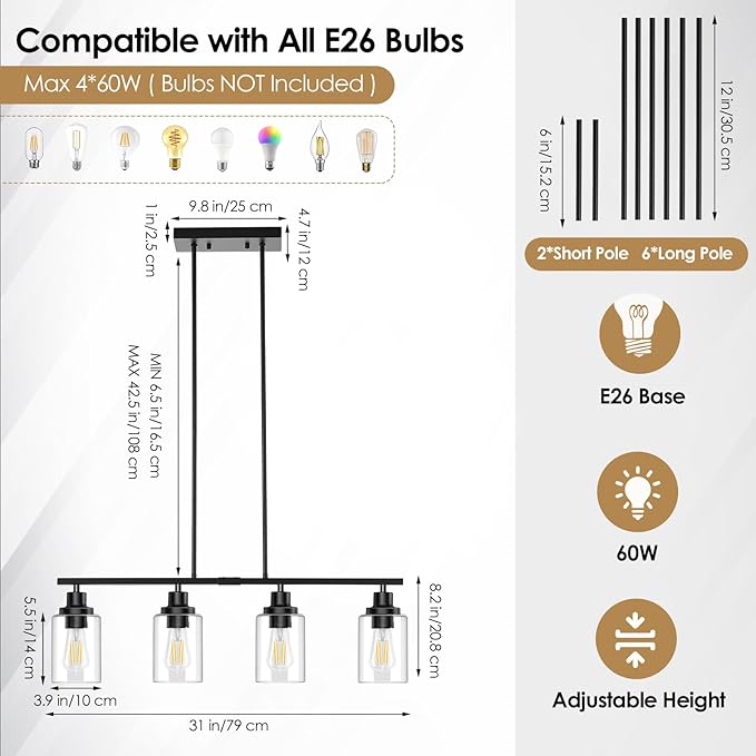 Dining Room Light Fixture, 4-Light Industrial Black Chandeliers for Dining Room, Height-Adjustable Dining Room Light Fixtures Over Table, Dining Room Chandelier Clear Glass Shade for Kitchen Island