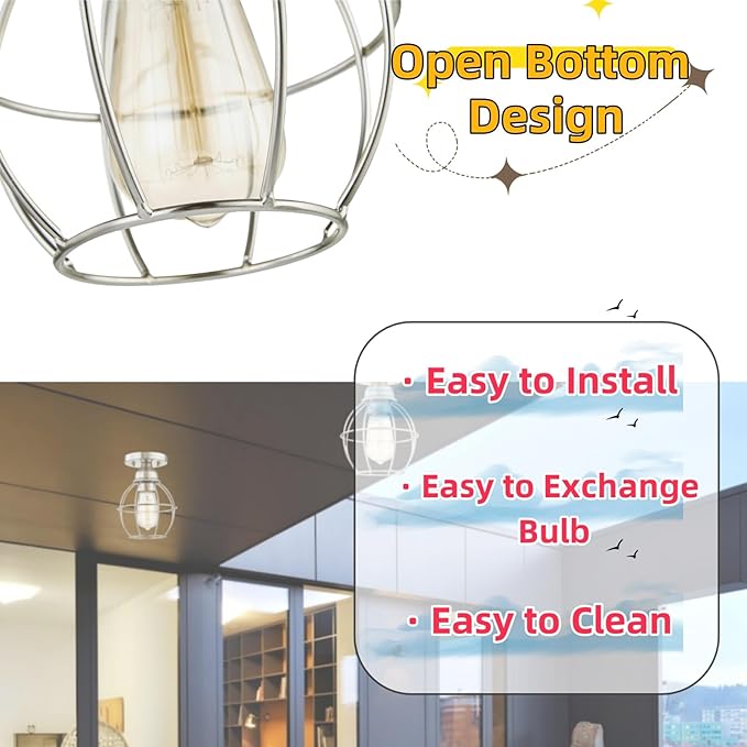 WISBEAM Brushed Nickel Semi Flush Mount Ceiling Light Fixture, 2 Packs Small Cage Ceiling Light E26 Medium Base MAX 60W, Metal Housing, ETL Rated, Bulbs NOT Included