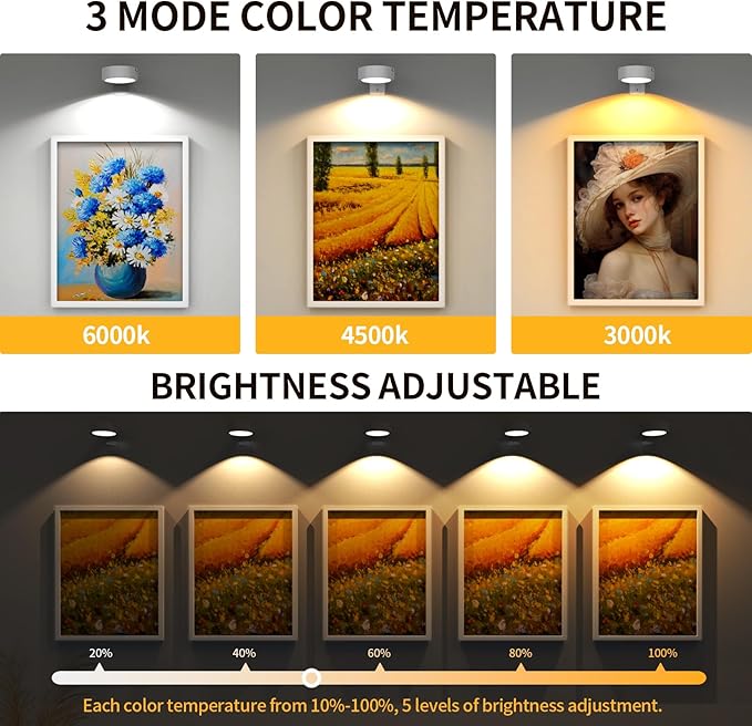 Narotood 6 Pack Picture Lights for Wall, Rechargeable Battery Operated Wall Lights, Picture Frame Lights with 3 Lighting Modes, Wireless Magnetic Painting Light with Remote Control Timer, (White)