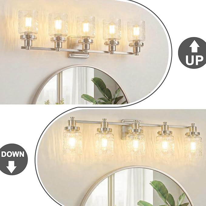 5 Lights Bathroom Light Fixtures Farmhouse Brushed Nickel Vanity Lights for Bathroom Lighting Fixtures Over Mirror with Hammered Glass Lampshade for Cabinet Mirror Bedroom Hallway