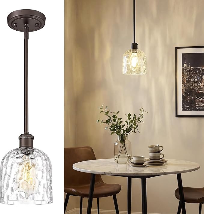 zeyu 1-Light Island Pendant Light for Kitchen, Single Pendant Light Kitchen Island, Adjustable Hanging Lamp with Clear Hammered Glass, Oil Rubbed Bronze Finish, ZJF63MIL-L ORB