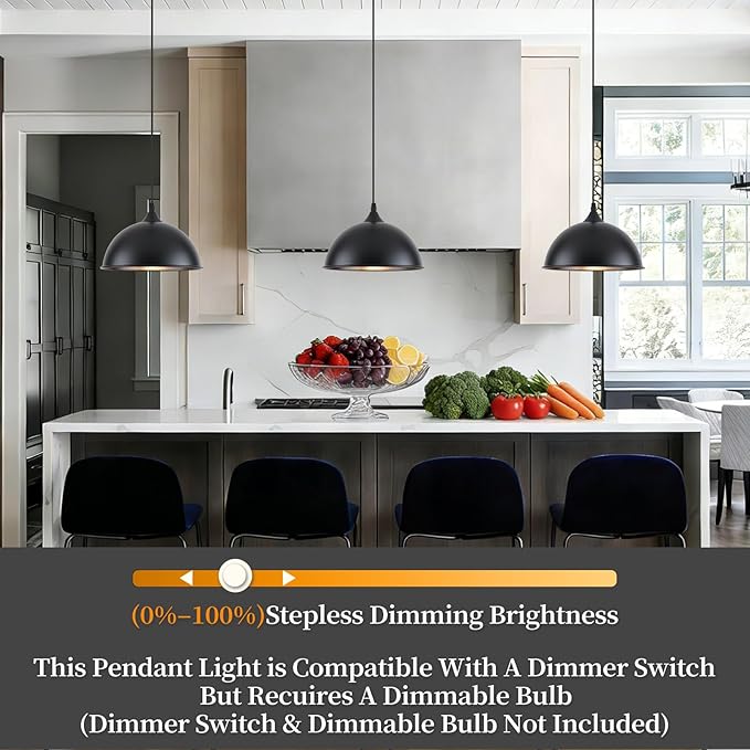 9.8 inch Farmhouse Pendant Lights Kitchen Island 3 Pack, Matte Black Dome Pendant Lights, Industrial Kitchen Pendant Lighting, Island Lights for Kitchen, Dining Room