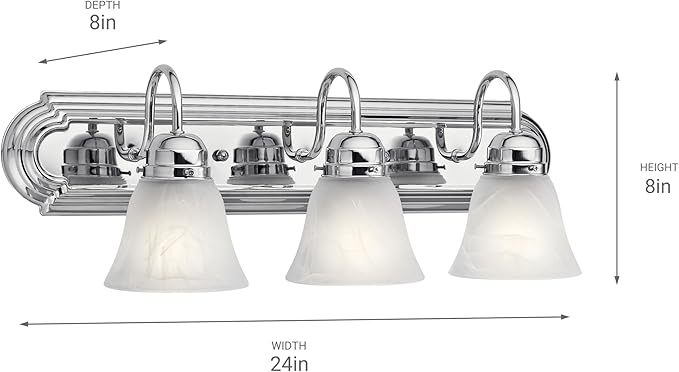 Kichler 24" 3-Light Vanity Bath Light in Chrome, Modern Bathroom Light with Clear Satin Etched Glass, (24" W x 8" H), 5337CHS