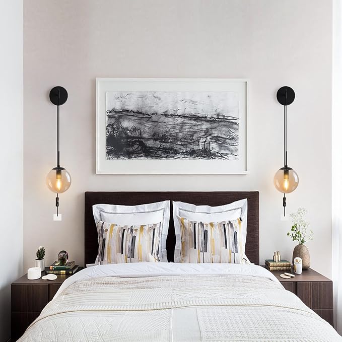 Wall Sconces Set of Two Matte Black 🔥🔥🔥 Wall Lights for Bedroom Plug in Wall Sconces Set of 2 with Globe Amber Glass Shade Indoor Wall Lamp with Plug in Cord Sconces Wall Decor Set of 2 with Switch