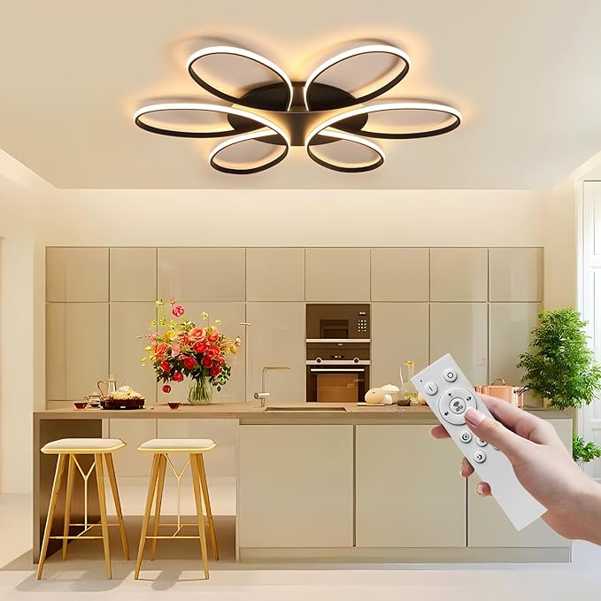 Modern LED Ceiling Light Fixture Black Flush Mount Ceiling Lamp with Remote Control Dimmable 6 Rings Flower Shaped Ideal for Living Room Bedroom Dining Room Kitchen(95CM/37.4IN)