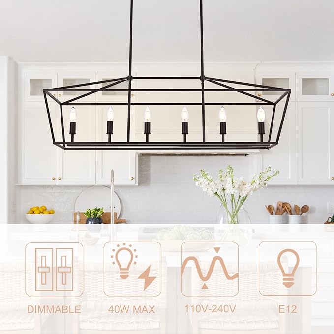6-Light Kitchen Island Lighting, Farmhouse Dining Room Rectangle Chandelier, Hanging Pendant Light Fixture Over Table for Living Room, Oil Rubbed Bronze & E12 Bulb Base