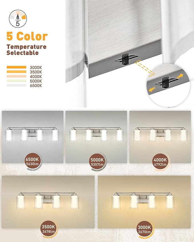 HWH 4 Light Modern Bathroom Vanity Lights Over Mirror, Brushed Nickel Dimmable 24W LED, 5CCT