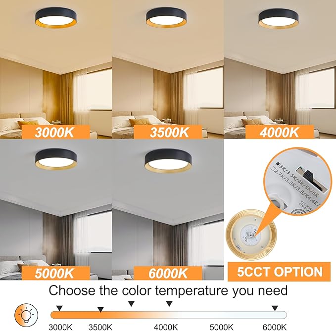 Dimmable Modern LED Flush Mount Ceiling Light,15.7 Inch 5CCT 36W/3000K-6000K,Minimalist Round Black and Gold Close to Ceiling Lighting Fixtures for Bedrooms,Dining Rooms,Living Room,Kitchens