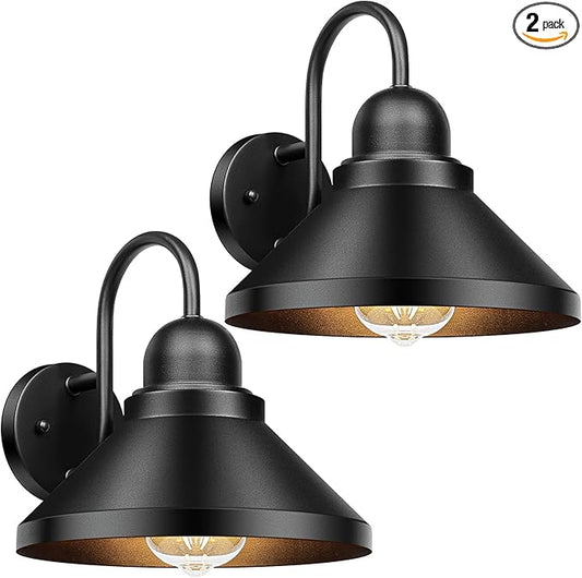 Brightever Gooseneck Outdoor Wall Sconces, 2-Pack Large 10.23IN Farmhouse Barn Lights for Porch, Industrial Black Exterior Wall Lights for Garage, Patio, E26 Base Anti-Rust, Bulb not Included