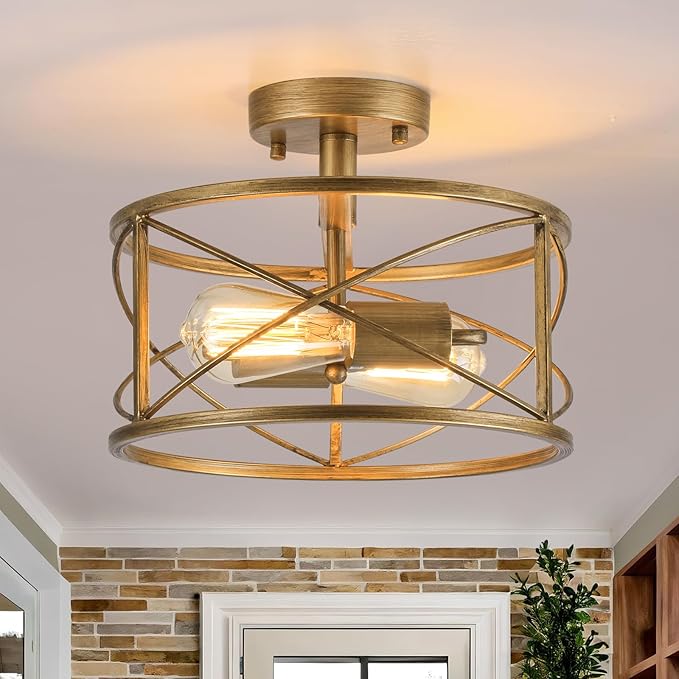 Brushed Gold Semi Flush Ceiling Light Fixture, 2-Light Farmhouse Flush Mount Light Fixture, Modern Industrial Metal Cage Pendant Lighting for Hallway, Bedroom, Kitchen, Foyer, Living Room, Dining Room