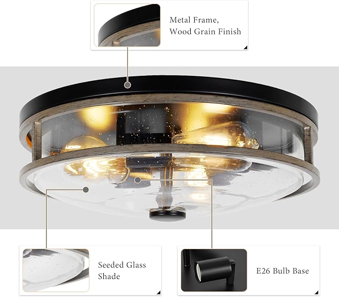 16 Inch Large Flush Mount Ceiling Light Fixture with Seeded Glass, Wood Grain Round Ceiling Lamp Shade, Modern Farmhouse Indoor Outdoor Ceiling Lighting for Kitchen Dining Living Room Foyer