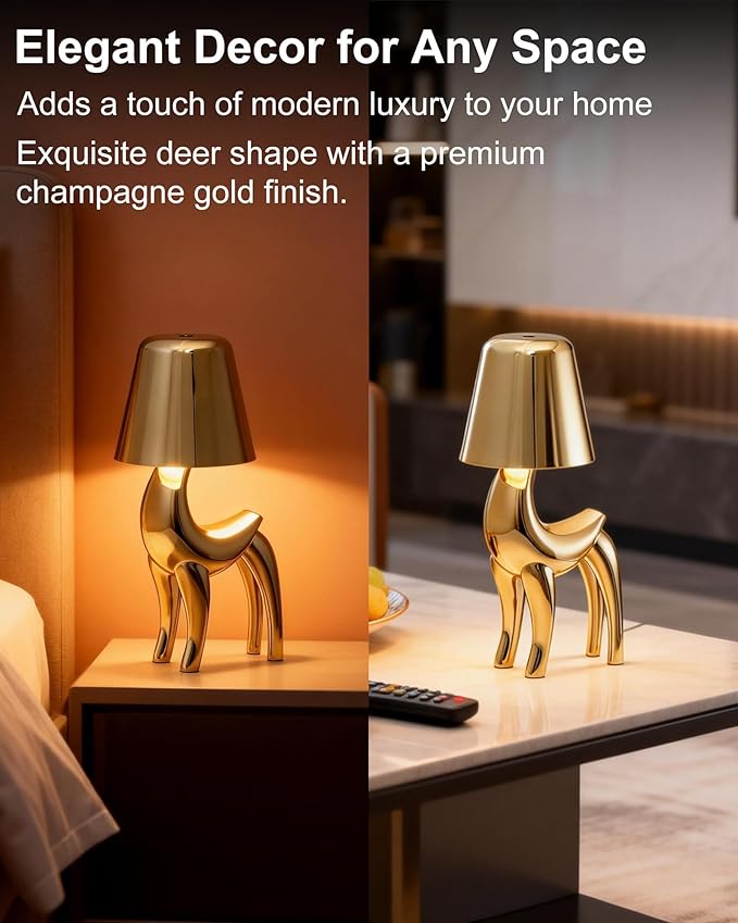 Deer Cordless Table Lamp, Touch Control Bedside Night Light with 3 Colors & Stepless Dimming, 1800mAh Rechargeable Gold Animal Lamp for Bedroom, Nursery, Home Decor, Gift for Kids & Women