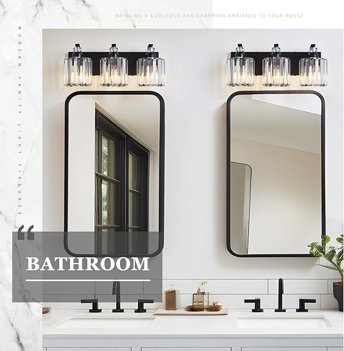3-Light Black Bathroom Light Fixture Modern Vanity Lights Over Mirror Vintage Wall Sconce Lighting for Bathroom, Bedroom, Living Room, Hallway E26 Base with Crystal Bathroom Vanity Light