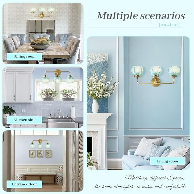 Gold Bathroom Lights Over Mirror, 3 Light Vintage Wall sconces with Blue Glass Shade Bathroom Vanity Lights mid Century Wall Sconce Light Glass Wall Lighting Fixture for Bedside Bedroom Doorway