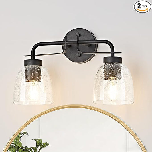 16 Inch Vanity Lights, 2-Light Black Modern Industrial Bathroom Light Fixtures with Bell Bubble Glass Shade, Wall Sconce for Bathroom Mirror, Bedroom, Hallway (2 Pack)