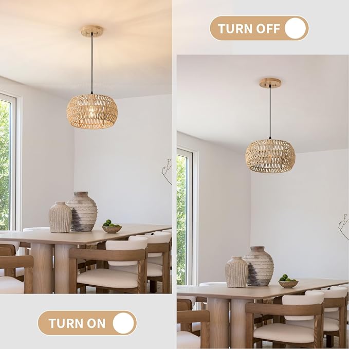 13 Inch Rattan Pendant Lights Farmhouse Boho Chandelier Light Fixture Rustic Wicker Hand Woven Pendant Hanging Light for Dining Room Kitchen Bedroom Foyer Hallway