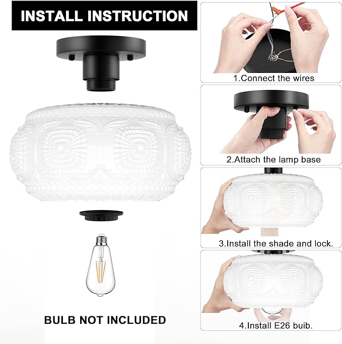 Semi Flush Mount Ceiling Light, Milk Glass Shade Modern Ceiling Light Fixture, Vintage Black Lighting for Hallway Bedroom Entryway Kitchen Porch