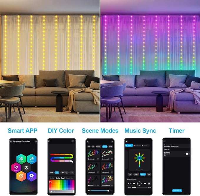 LumBelle Smart Curtain Lights RGB 5050 Built in Chip, Color Changing Curtain Lights with Music Sync APP Remote Control, 8Ft x 6Ft 144LED USB Powered Fairy Lights for Party Patio Garden Decor