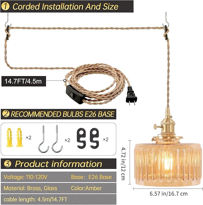 Shenmoyl Plug in Pendant Light Hanging Light Fixtures with Plugin Cord On/Off Switch,Amber Striped Glass Lampshade Brass Pendant Light