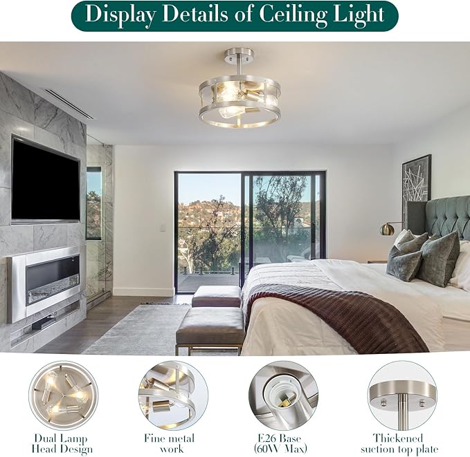2 Pack Close to Ceiling Lights, Brushed Nickel Semi Flush Mount Ceiling Light Fixture, 13 Inch Adjustable Height Metal Cage Indoor Ceiling Lights for Kitchen Hallway Bedroom Laundry, Easy Assembled