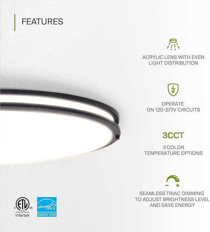 ASD LED 32" Oval Flush Mount Lighting, Close to Ceiling Light Fixture | 3CCT, Dimmable, Energy Star, ETL Listed | 45W 3750LM 3000-5000K 100-277V | Low Profile Double Ring Lamp | Dark Bronze