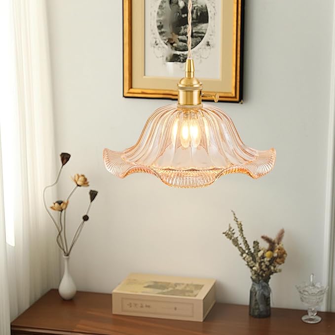 Vintage Pendant Lights Kitchen Island 2 Pack, Adjustable Pendant Light Fixtures with Amber Lily Glass Lampshade, Gold Kitchen Pendant Lighting Over Island, Pendant Light for Dining Room Hallway