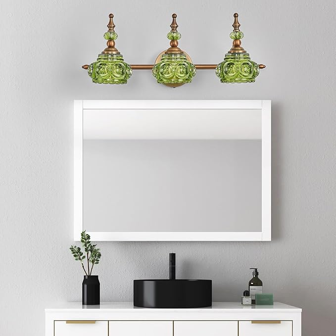 Vintage 3-Light Bathroom Vanity Light Fixtures, Modern Brass Vanity Wall Sconces Over Mirror with Green Glass Shade for Bathroom Bedroom Living Room
