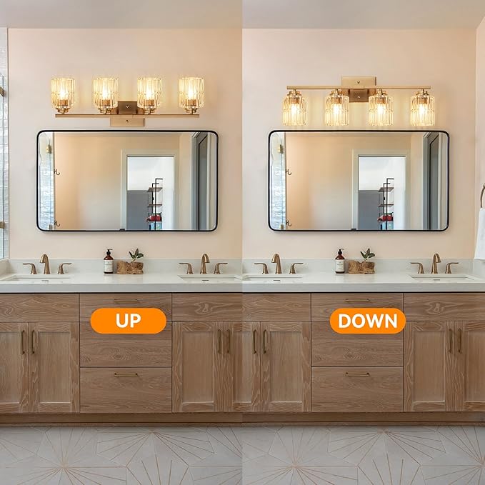 TALOYA 27 Inch Bathroom Light Fixtures,Modern 4-Light Brushed Gold Vanity Lights with Wide Vertical Ribbed Thickened Glass Shade Wall Sconces for Mirror Makeup Room Hallway（Bulbs Not Included）