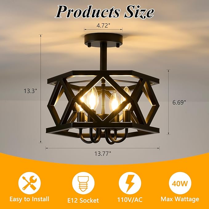 Black Semi Flush Mount Ceiling Light, Modern Foyer Lighting Fixture, 4-Light Metal Ceiling Lamp, Small Farmhouse Chandelier for Hallway Entryway Porch Bedroom Kitchen, E12 Base