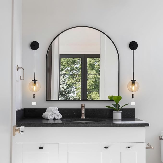 KUZZULL Wall Sconces Set of Two Black Plug in Wall Sconces Set of 2 with Globe Clear Glass Shade Wall Lights Wall Lamps for Bedrooms Sconces Wall Decor Set of 2 with Plug in Cord Switch for Bedside