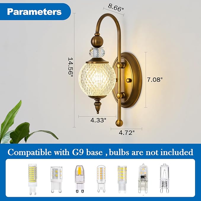 Vintage Gold Wall Sconce with Acrylic Globe Shade Brushed Brass G9 Bulb Vanity Light Indoor Wall Light for Bathroom Bedroom Hallway Living Room