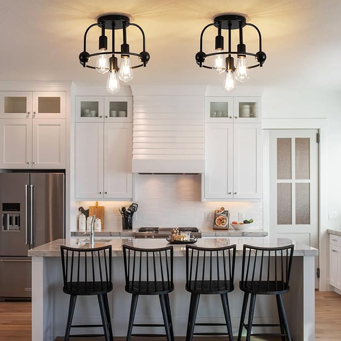 3 Light Industrial Ceiling Light Black Semi Flush Mount Lights Close to Ceiling Light Fixtures,cage Design Farmhouse Ceiling Lighting for Kitchen Bedroom Bathroom Foyer Hallway (E26, 2Pack)