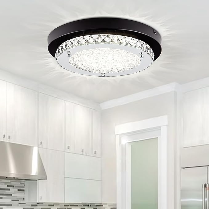 Crystal Flush Mount Ceiling Light Fixture 13 Inch LED Bathroom Ceiling Light Dimmable Black Hallway Light Fixture Round Close to Ceiling Light Small Crystal Chandeliers for Kitchen Launtry 4000K